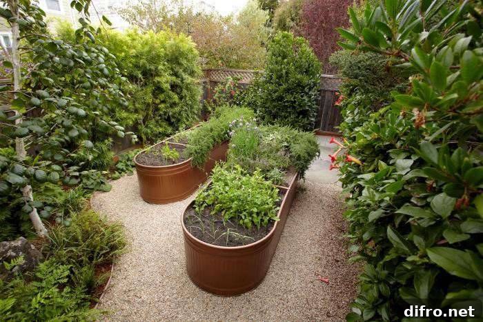 water trough garden beds copper in large garden gravel