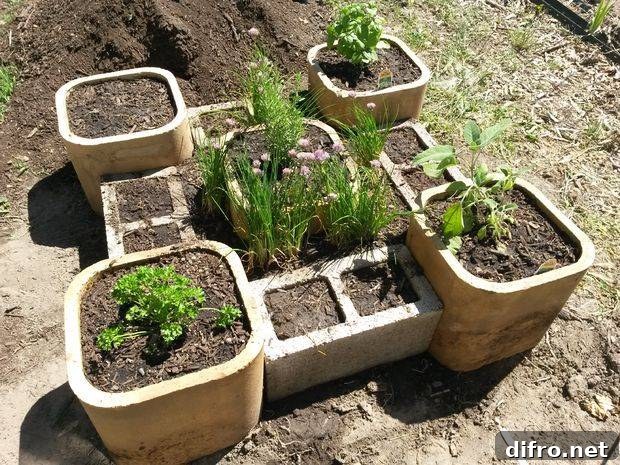 masonry brick cylinders used for raised garden bed