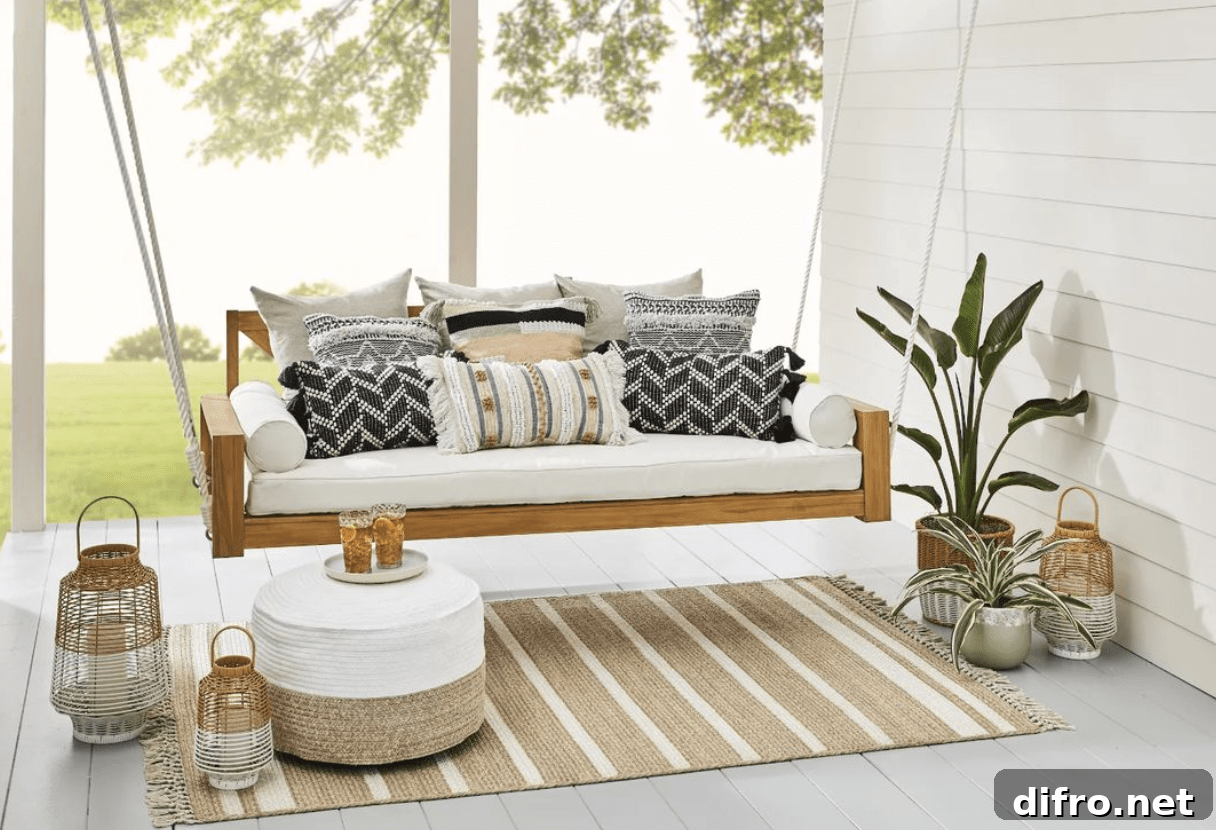 white cushion hanging porch swing wood frame outdoor rug outside lanterns patio