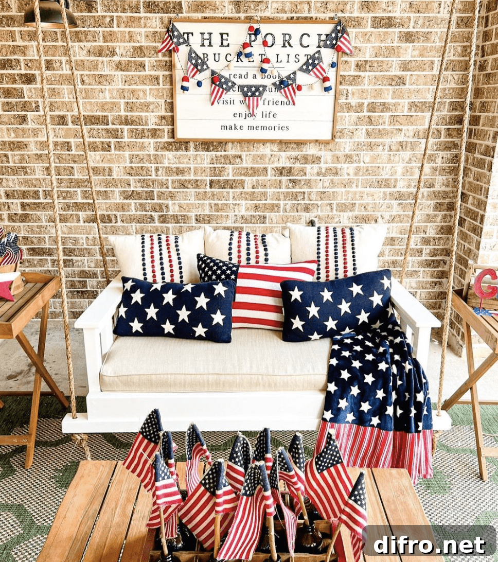 patriotic porch swing usa american flags decor brick patio hanging