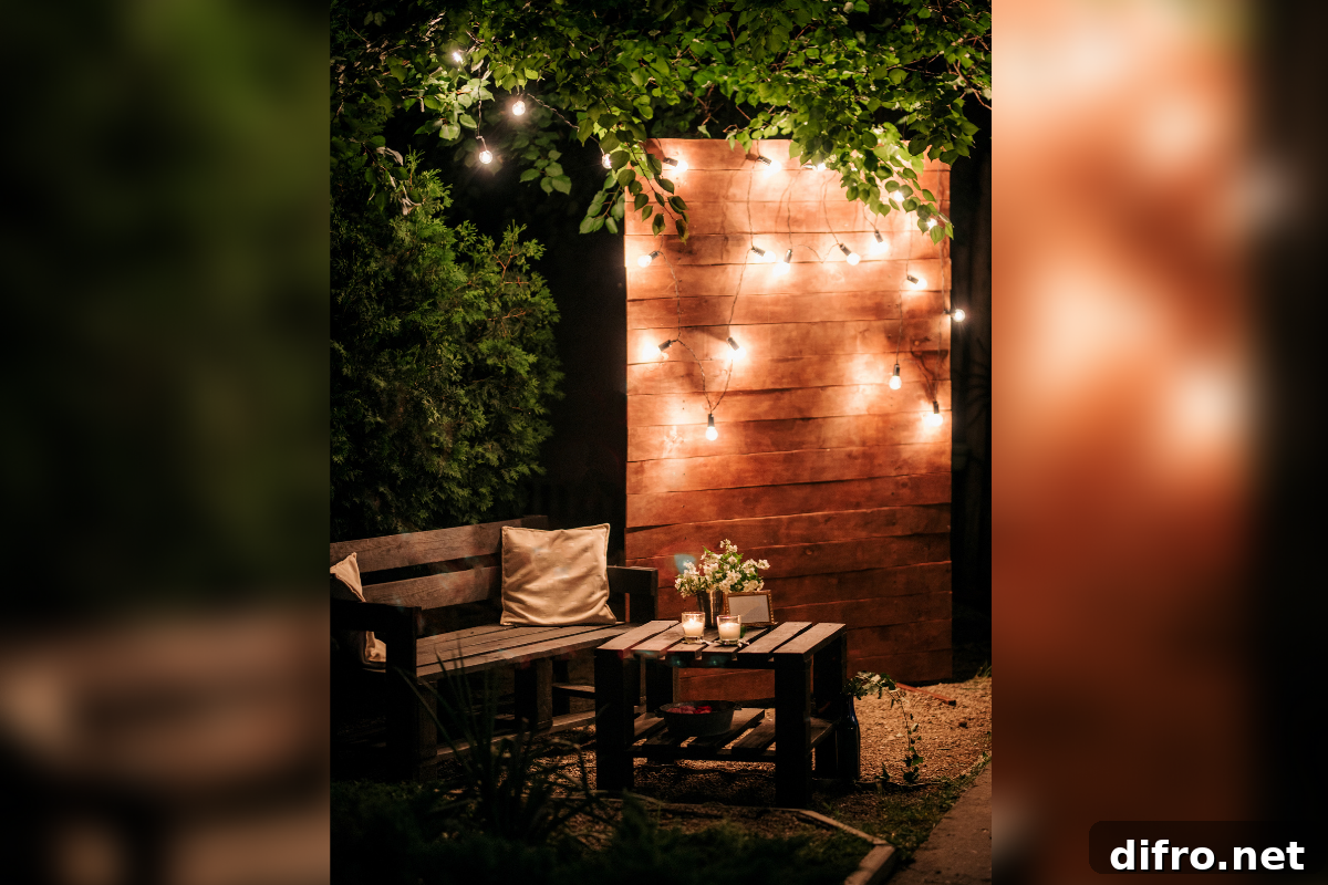 backyard at night lit up wall feature with string lights wood outdoor chair table