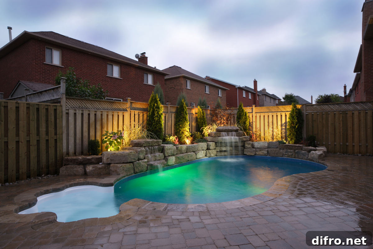 pool backyard with landscape lighting within the stone wall, trees and shrubs.