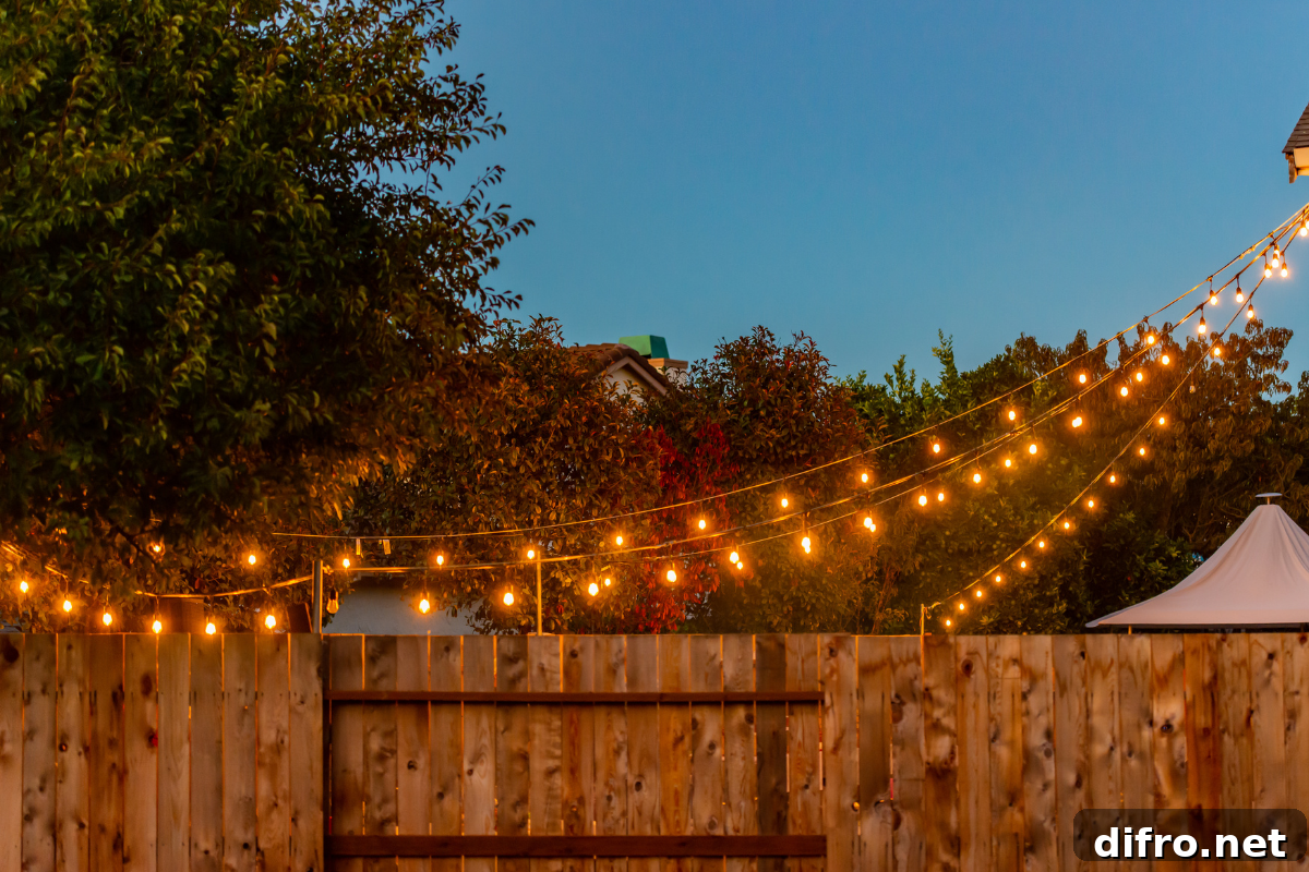 strings lights hanging from wood fence close up