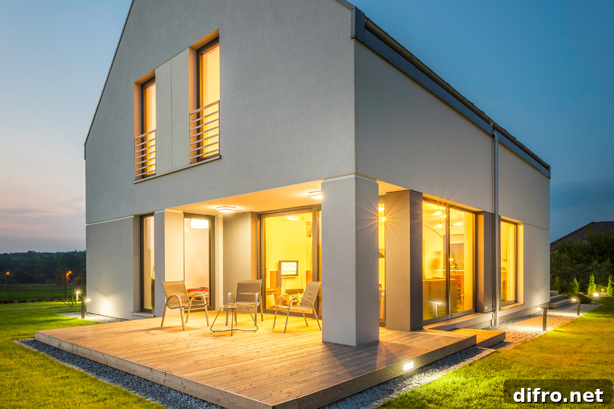 white house with landscape lighting and under porch yellow lighting.