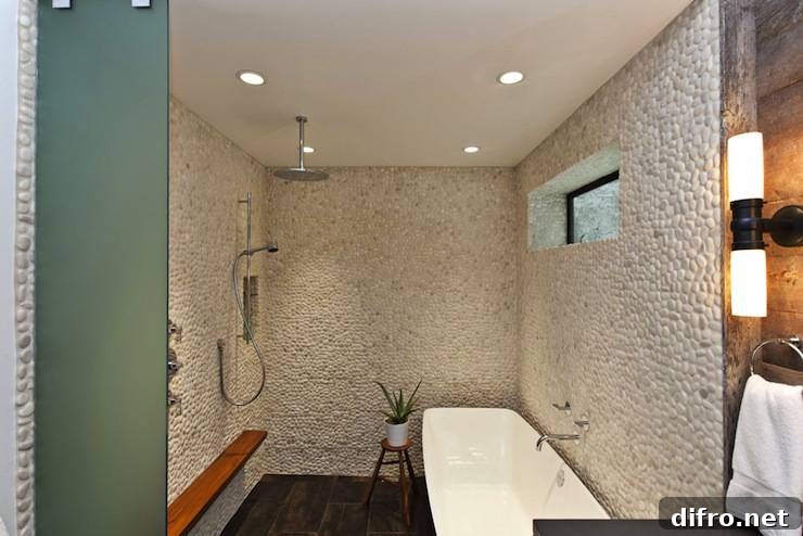 shower with stone tiles rain shower head and a teak shelf