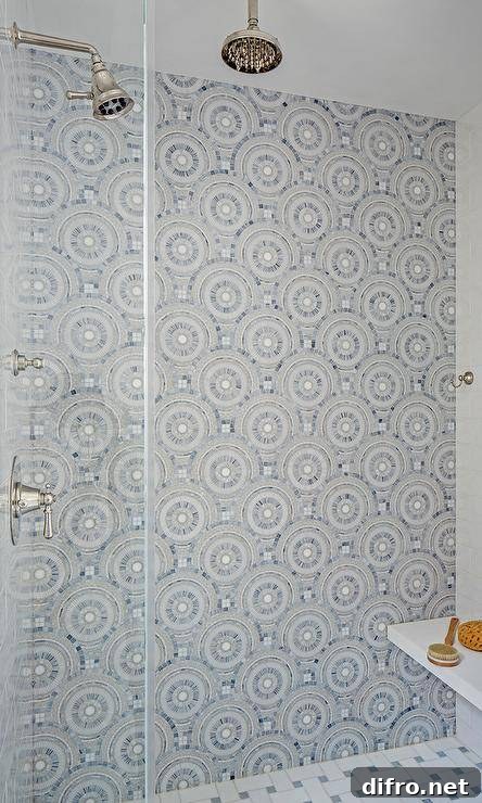 gray blue mosaic tiles in a walk in shower