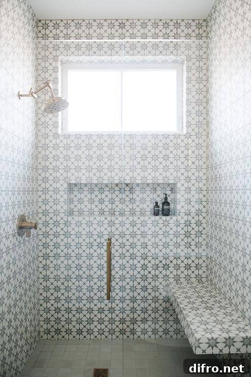 walk-in shower cement tiles with a floating tiled bench