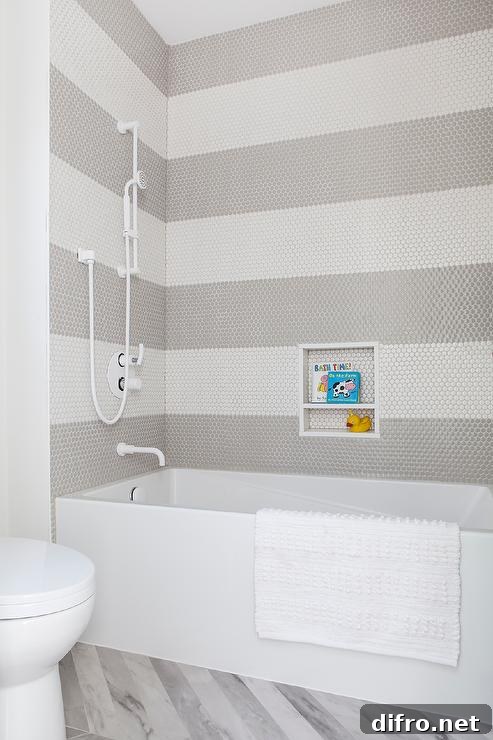 White and gray penny shower tiles in a stripe pattern design