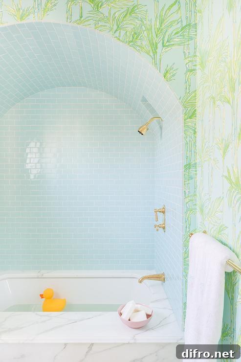 sky blue glass tiled barrel ceiling with a marble-clad bathtub under it