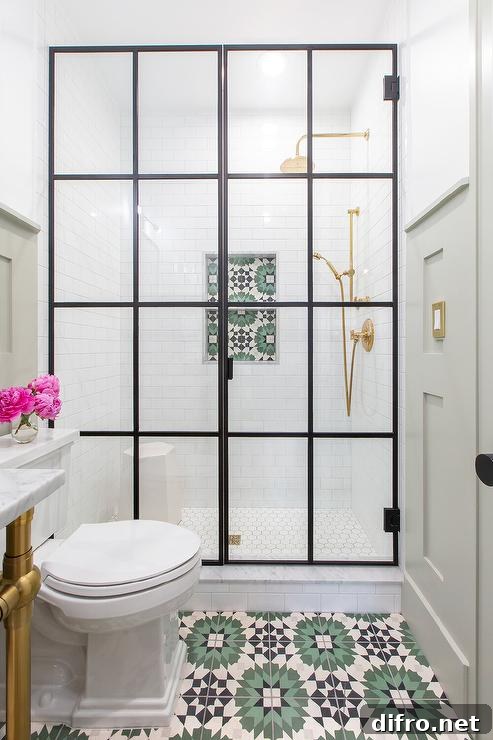 green and black mosaic cement tiled shelf within a walk-in shower