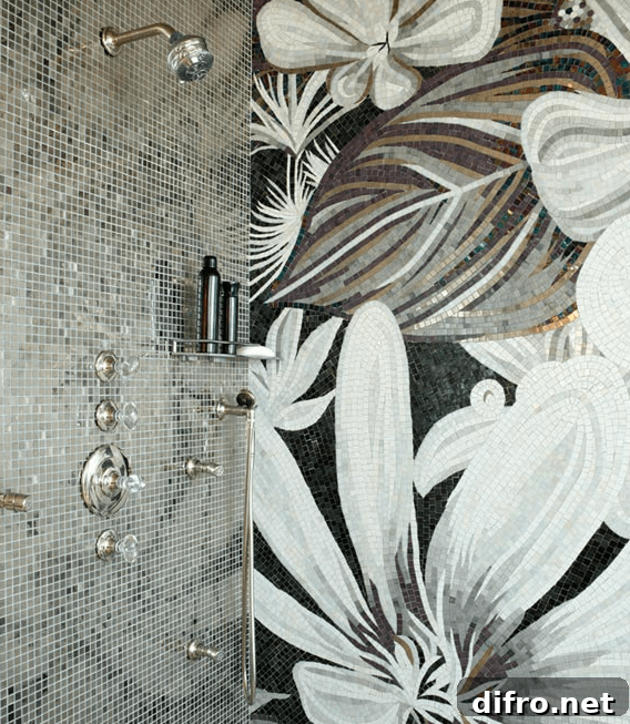 walk-in shower with mosaic tile surround framing dual shower heads