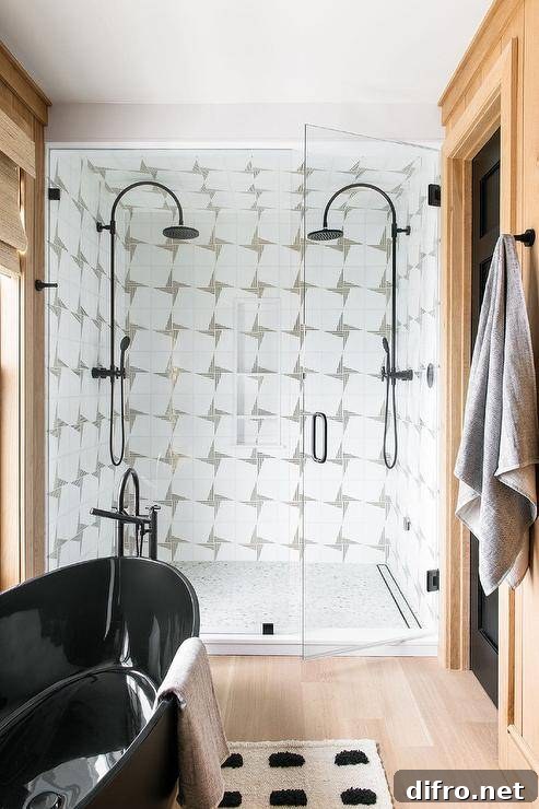 white and black geometric wall tiles with a black freestanding bathtub