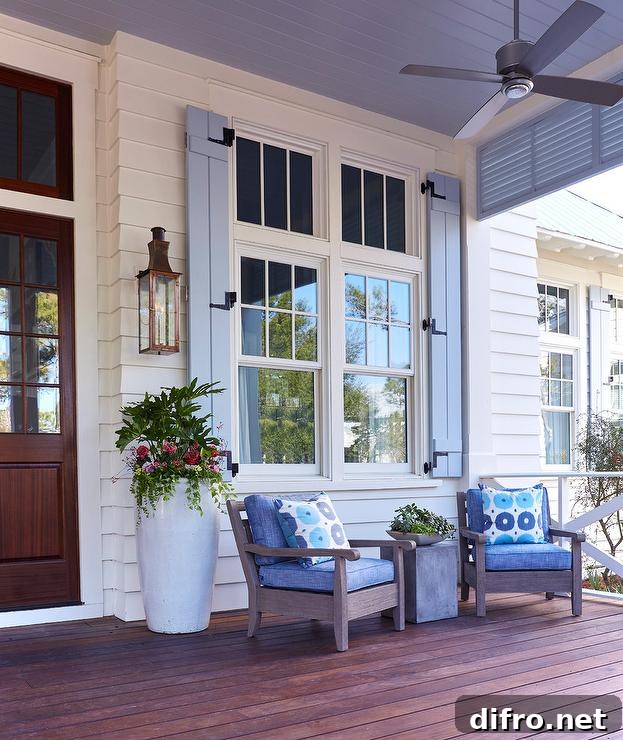 front porch curb appeal blue sitting chairs lantern patio planter