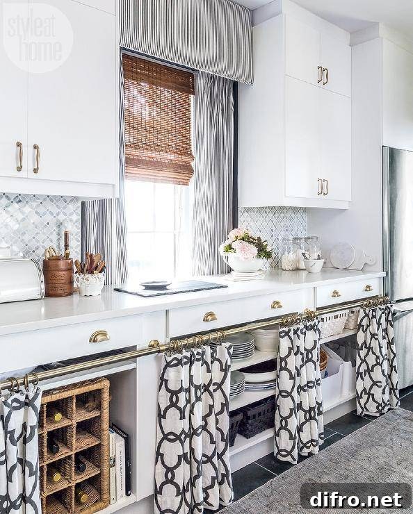 Bamboo shades paired with curtains in a kitchen