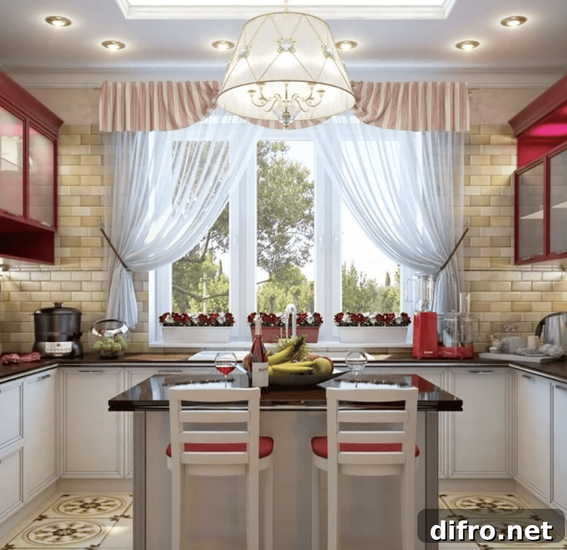 Sheer curtains with a valance in a bright kitchen