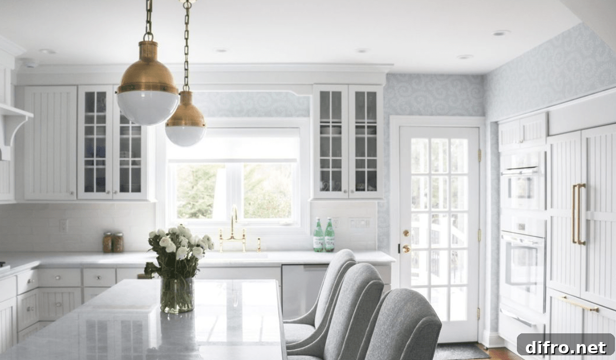 White roller shade in a kitchen
