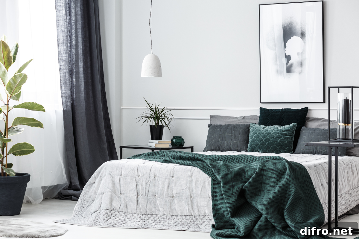 white black and emerald green bedroom with low bed hanging lamp