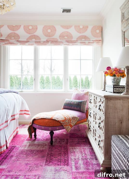 pink orange and purple bedroom with chaise lounge and wood dresser