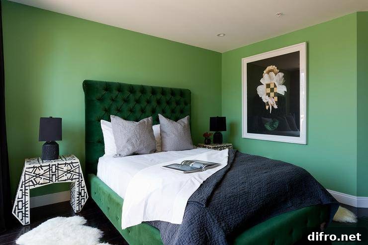 contemporary green and black bedroom with green velvet bed and black bedside tables