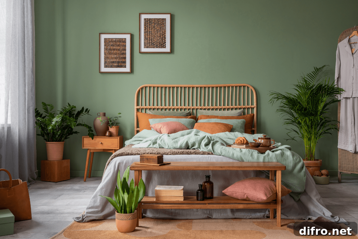 green terracotta brown bedroom with rattan bed and amber glass