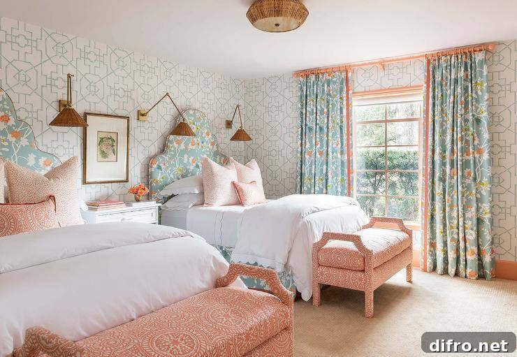 orange and blue shared bedroom with complementary headboards and benches