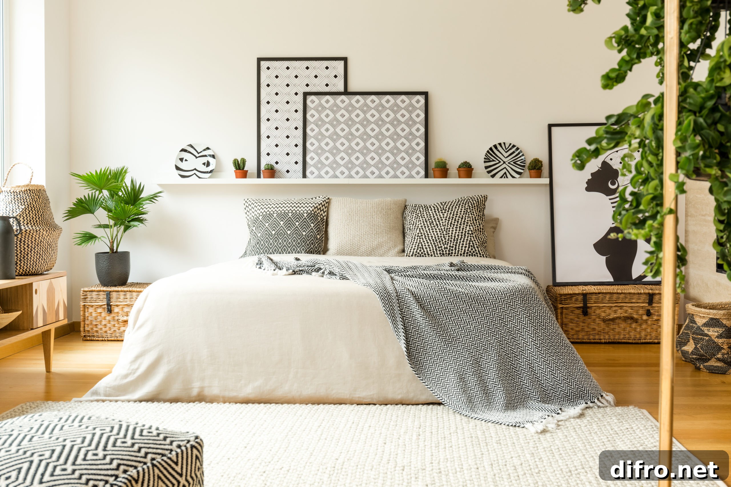 warm bedroom interior with comfy bed patterned blanket plants and modern graphics