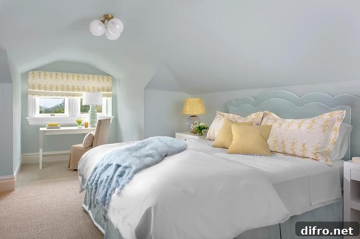 blue velvet scalloped headboard bed with yellow pillows and white nightstands