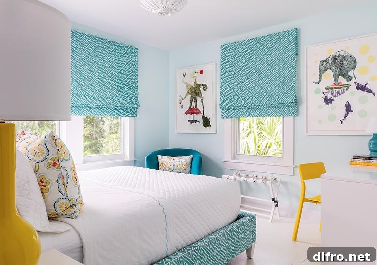 turquoise yellow and white bedroom with desk and roman shades