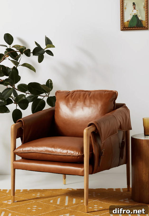 Brown leather armchair on mustard carpet