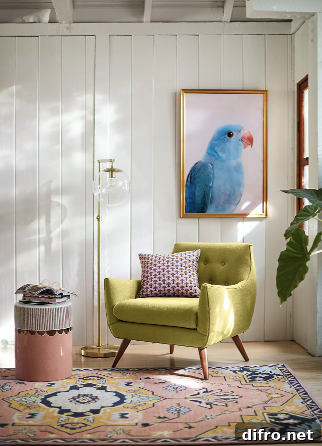 Living room with pink tufted rug and green accent chair