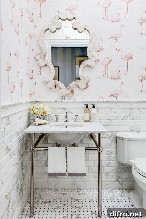 flamingo wallpaper in half bathroom with decorative scroll mirror and pedestal sink