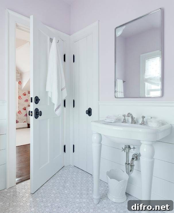 white pedestal sink in lavender color bathroom with door half open black door knobs silver polished mirror