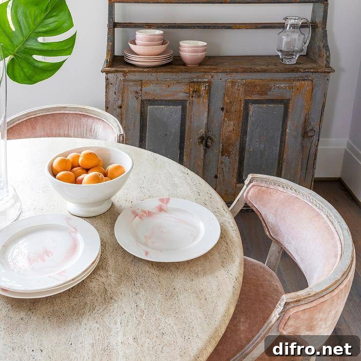 pastel pink velvet chair around round table