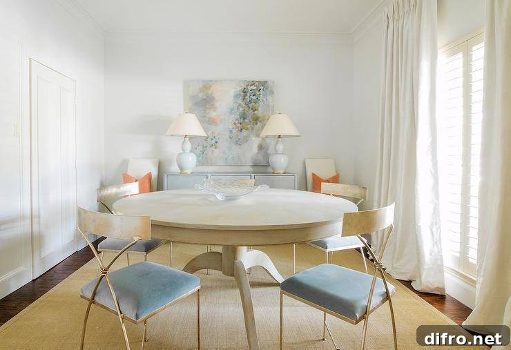 blue velvet chairs around round dining table