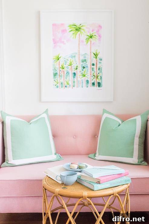 Contemporary living room furnished with a pink tufted loveseat and green pillows with white borders. The loveseat is paired with a round rattan accent table styled with pastel decor complementing a palm tree wall art.