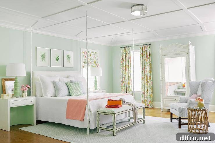 mint pastel green bedroom with poster bed nightstand and wingback arm chair