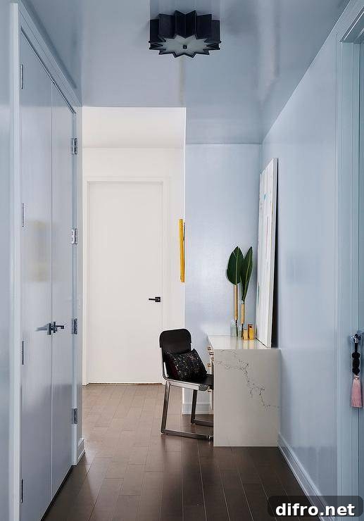 pastel blue hallway