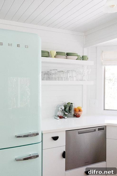 pastel blue smeg fridge in white kitchen