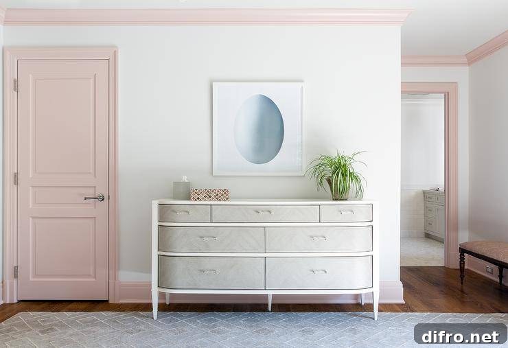 pink painted trim white walls and pastel pink door