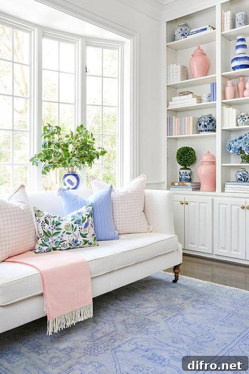 living room with pastel pink and blue colors bookshelf