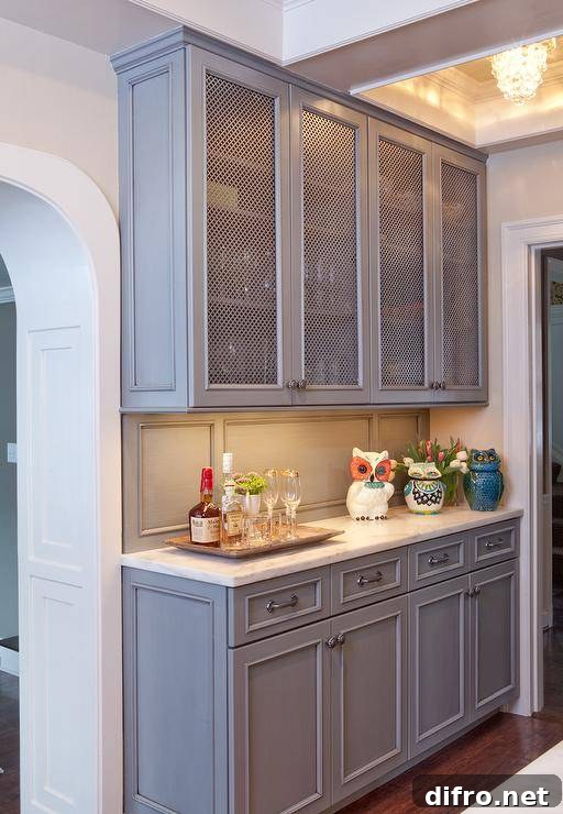grey blue cabinets with wire mesh