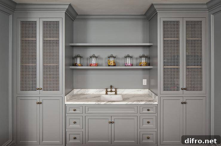 grey cabinet with wire mesh