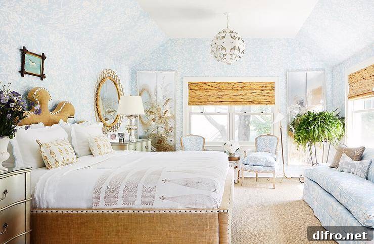 Blue and beige bedroom with a burlap bed flanked by silver nightstands. A blue sofa faces the burlap bed complimenting accent chairs and bedroom wallpaper.