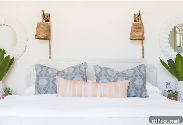 Rope Hanging Wall Pendants above a light gray headboard fitted with pink and blue pillows on white bedding flanked by white ceramic vases and greenhouse plants.