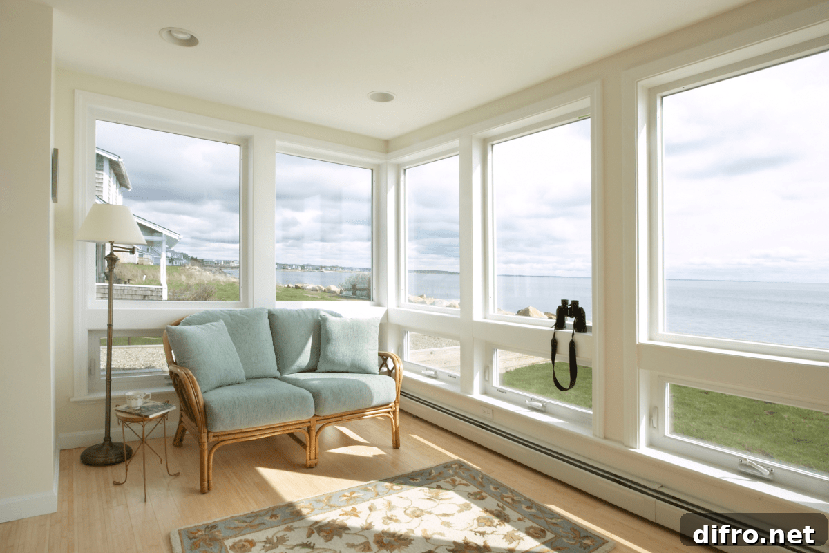 sunroom with blue couch