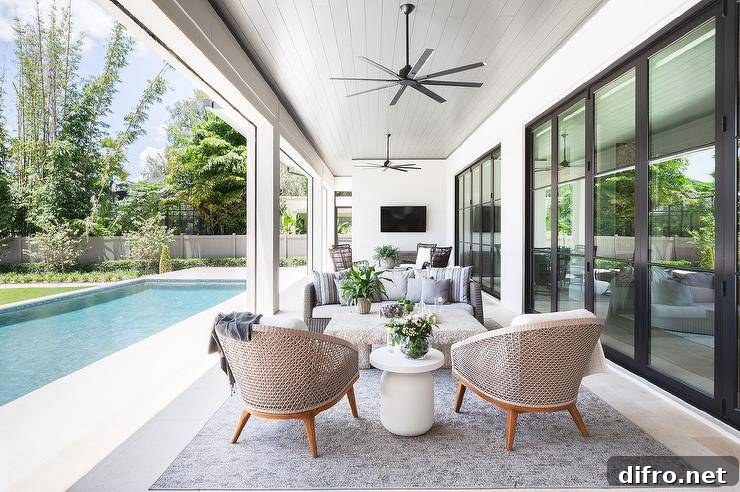Covered patio with woven chairs and a round white accent table beside an in-ground pool.