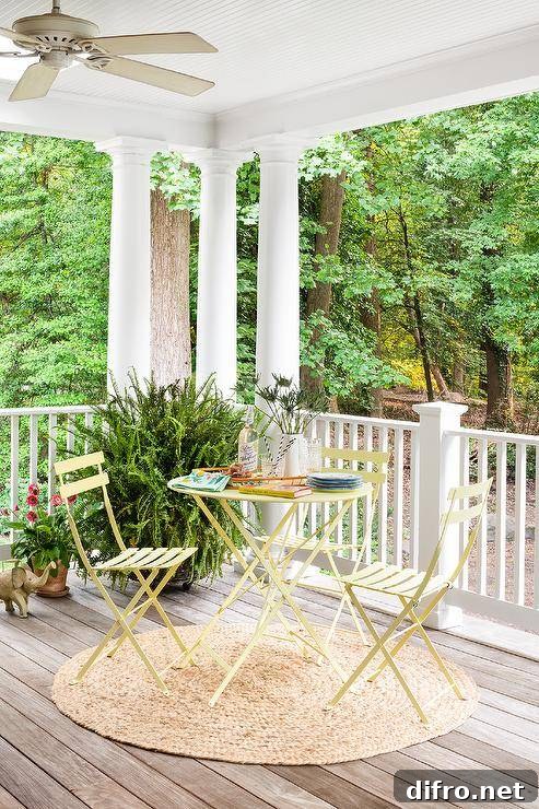 Charming cottage patio features a round yellow table and chairs atop a tan round jute rug.