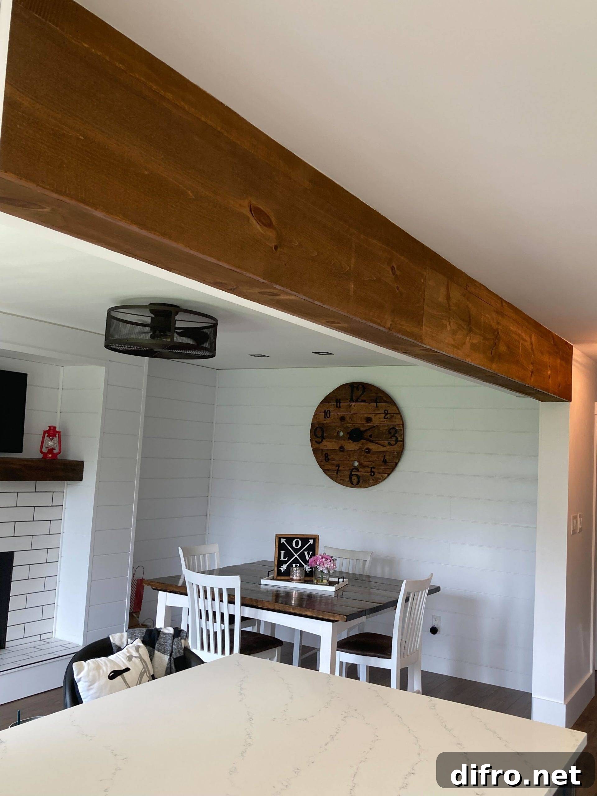 wooden ceiling beam over kitchen counter