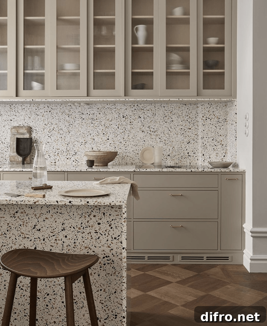 terrazzo kitchen with olive green cupboards