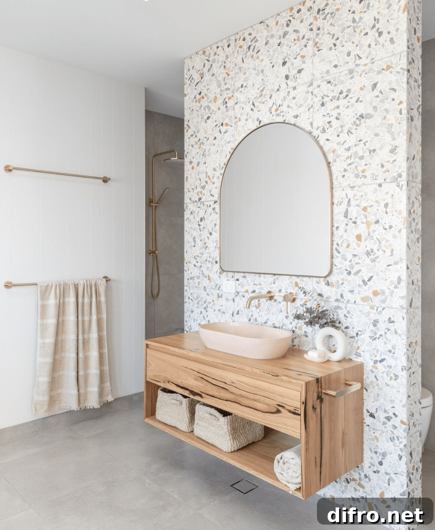 terrazzo accent wall in bathroom